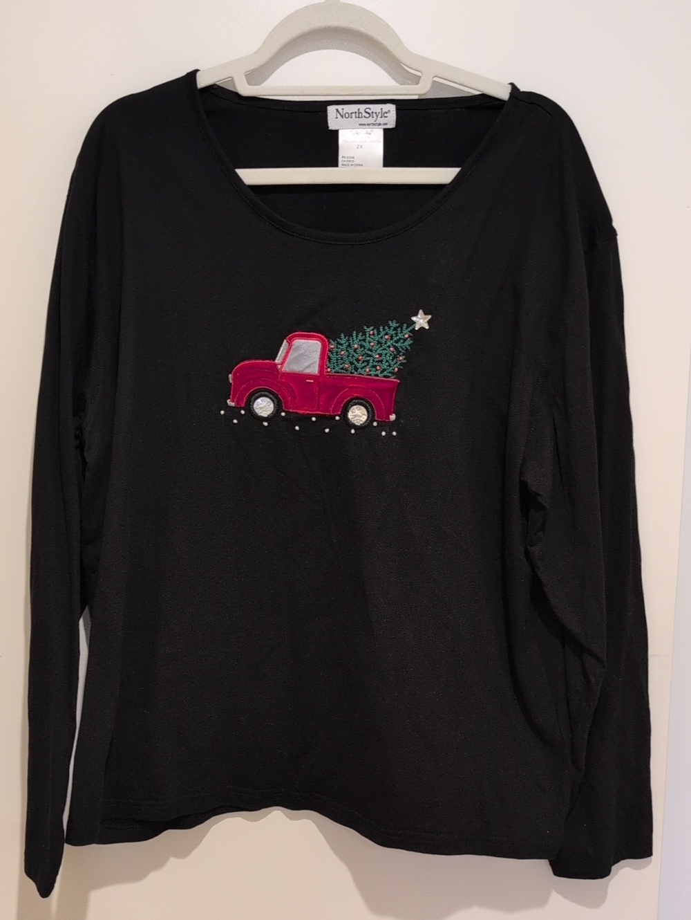 NorthStyle Black Long-Sleeve Tee with Red Truck and Green Tree Patch
